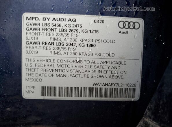 WA1ANAFY7L2116226 2020 AUDI Q5 Blue VIN კოდის სტიკერის ხედი