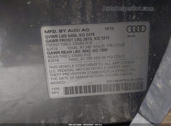 WA1ANAFYXL2010904 2020 AUDI Q5 Gray Vista del compartimento del motor
