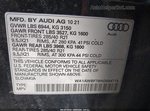 WA1AWBF78ND004715 2022 AUDI SQ7 Черный Вид подкапотного пространства