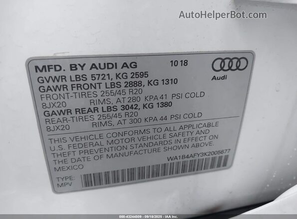 WA1B4AFY3K2005677 2019 AUDI SQ5 White Vista del compartimento del motor