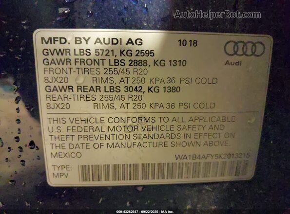 WA1B4AFY5K2013215 2019 AUDI SQ5 Blue Engine compartment view