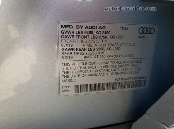 WA1BAAFY0M2048613 2021 AUDI Q5 Silver Vista del compartimento del motor