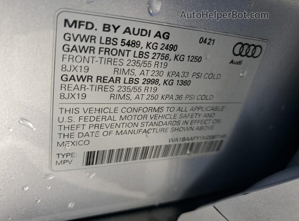 WA1BAAFY1M2087145 2021 AUDI Q5 Серебряный Вид наклейки с VIN-кодом