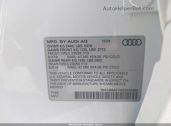 WA1BBAFY4S2026494 2025 AUDI Q5 White Вид підкапотного простору