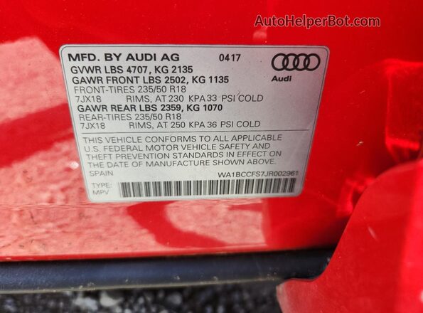 WA1BCCFS7JR002961 2018 AUDI Q3 Красный 