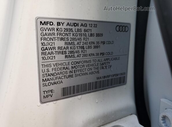 WA1BVBF13PD013523 2023 AUDI Q8 White Vista de la etiqueta del VIN