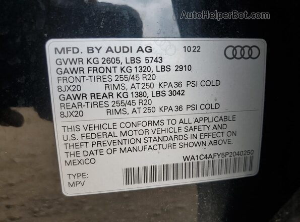 WA1C4AFY5P2040250 2023 AUDI SQ5 Black Vista de la etiqueta del VIN