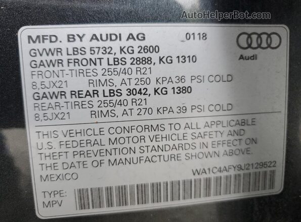 WA1C4AFY9J2129522 2018 AUDI SQ5 Gray VIN sticker view