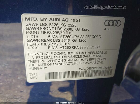 WA1DECF35N1043394 2022 AUDI Q3 Blue Вид підкапотного простору