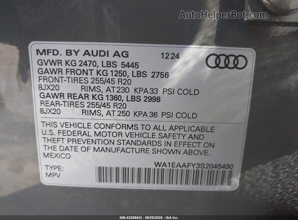 WA1EAAFY3S2045490 2025 AUDI Q5 Gray Vista del compartimento del motor