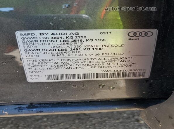 WA1ECCFS0JR000871 2018 AUDI Q3 Серый 