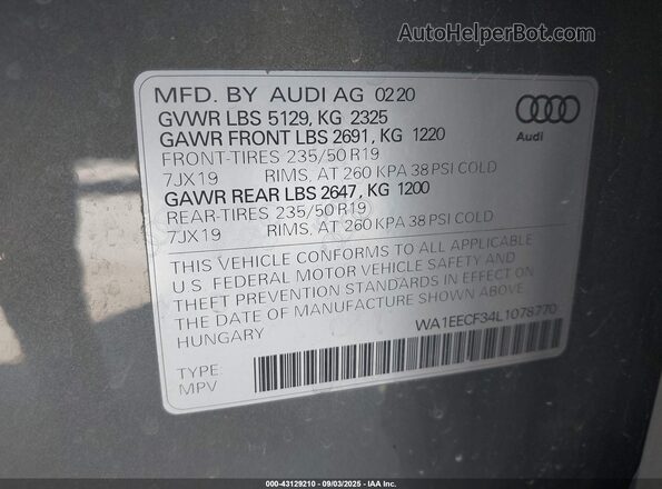 WA1EECF34L1078770 2020 AUDI Q3 Gray Вид підкапотного простору