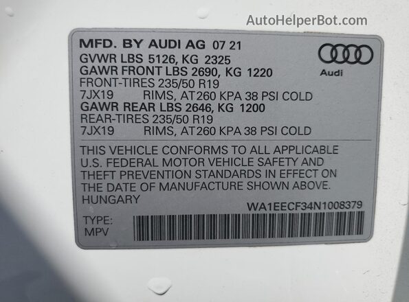 WA1EECF34N1008379 2022 AUDI Q3 White VIN კოდის სტიკერის ხედი