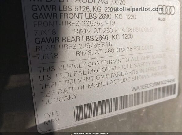 WA1EECF35M1029496 2021 AUDI Q3 Серый Вид подкапотного пространства