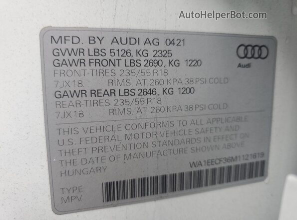 WA1EECF36M1121619 2021 AUDI Q3 Белый Вид наклейки с VIN-кодом
