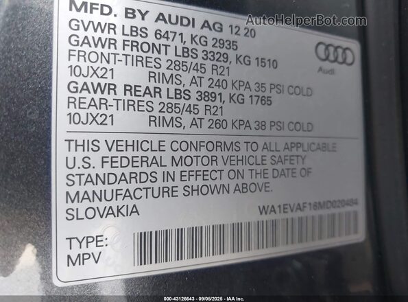 WA1EVAF16MD020484 2021 AUDI Q8 Gray Widok komory silnika