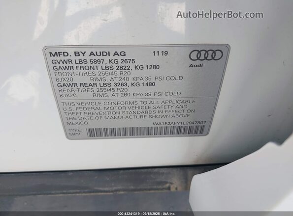 WA1F2AFY1L2047807 2020 AUDI Q5 White Widok komory silnika