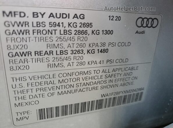 WA1F2BFYXM2042984 2021 AUDI Q5 Silver Vista de la etiqueta del VIN