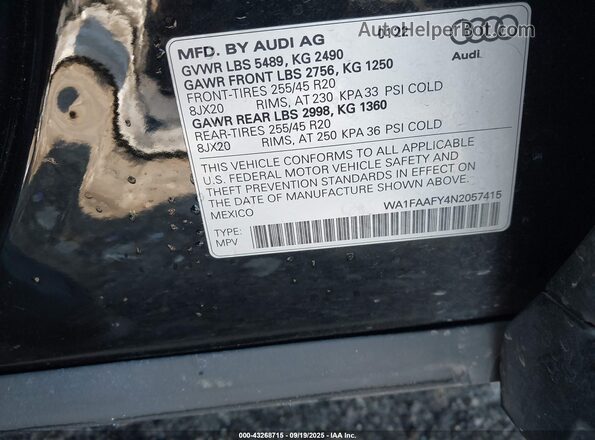 WA1FAAFY4N2057415 2022 AUDI Q5 Black Вид підкапотного простору