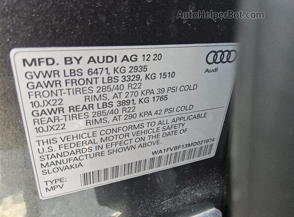 WA1FVBF13MD021974 2021 AUDI Q8 Gray VIN კოდის სტიკერის ხედი