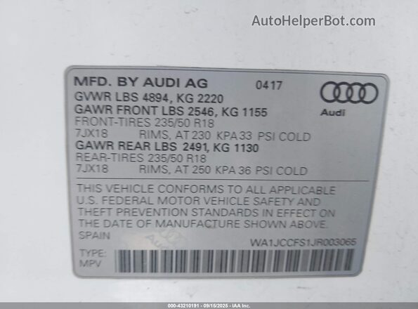 WA1JCCFS1JR003065 2018 AUDI Q3 White 