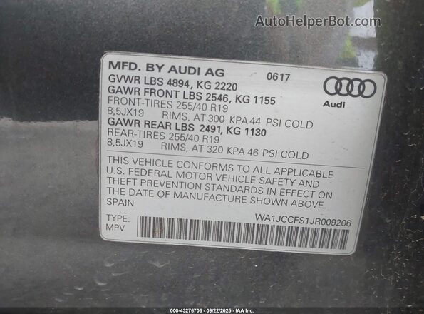 WA1JCCFS1JR009206 2018 AUDI Q3 Серый 
