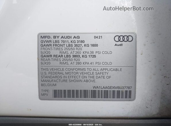 WA1LAAGEXMB037787 2021 AUDI E-TRON White ძრავის განყოფილების ხედი