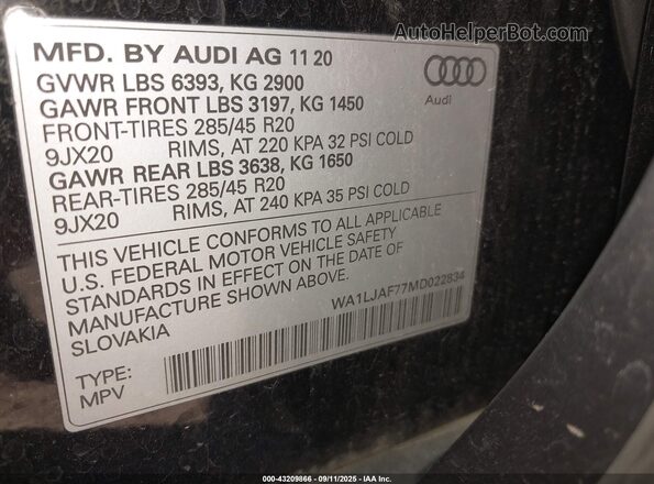 WA1LJAF77MD022834 2021 AUDI Q7 Black ძრავის განყოფილების ხედი