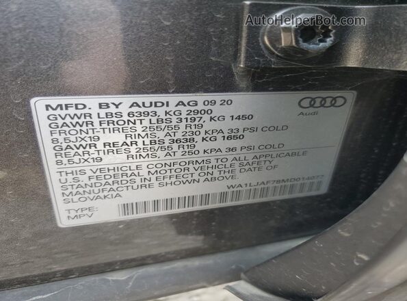 WA1LJAF78MD014077 2021 AUDI Q7 Gray VIN կոդի պիտակի տեսք