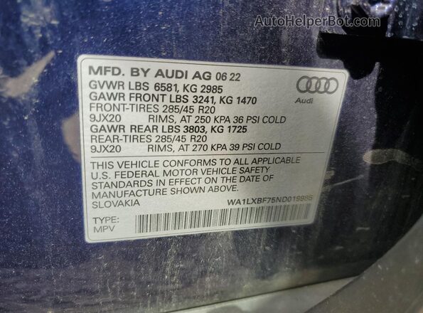 WA1LXBF75ND019985 2022 AUDI Q7 Синий 