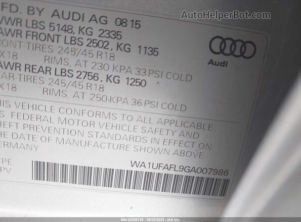WA1UFAFL9GA007986 2016 AUDI ALLROAD Silver Widok komory silnika