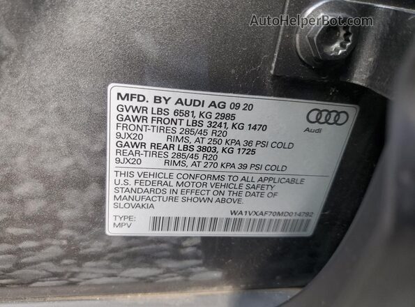 WA1VXAF70MD014792 2021 AUDI Q7 Black Vista de la etiqueta del VIN