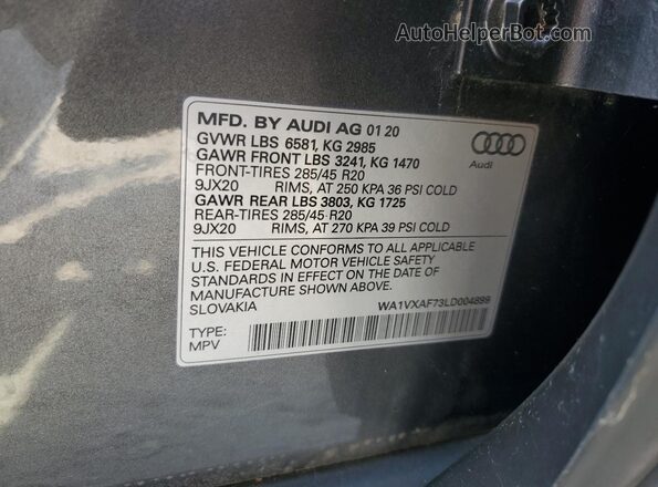 WA1VXAF73LD004899 2020 AUDI Q7 Gray Widok naklejki z numerem VIN