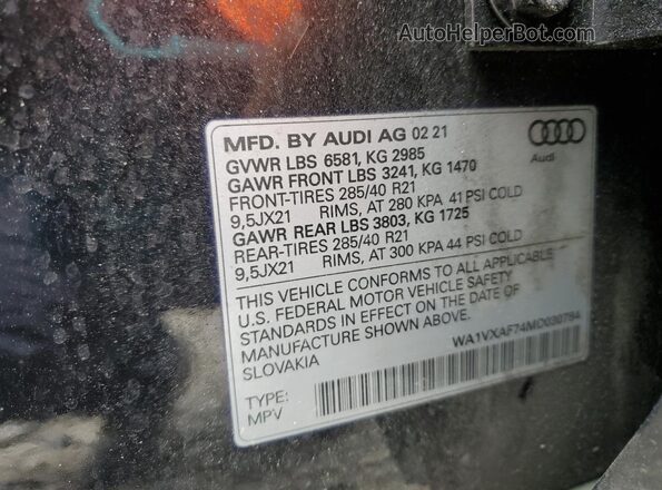 WA1VXAF74MD030784 2021 AUDI Q7 Black Вид наклейки з VIN-кодом
