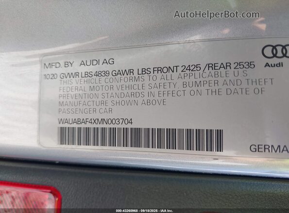 WAUABAF4XMN003704 2021 AUDI OTHER Silver ძრავის განყოფილების ხედი