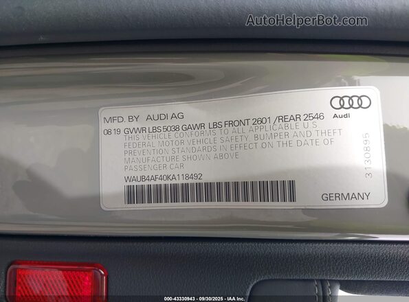 WAUB4AF40KA118492 2019 AUDI S4 Gray Vista del compartimento del motor