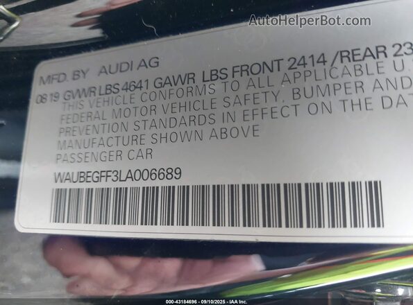 WAUBEGFF3LA006689 2020 AUDI OTHER Black Engine compartment view