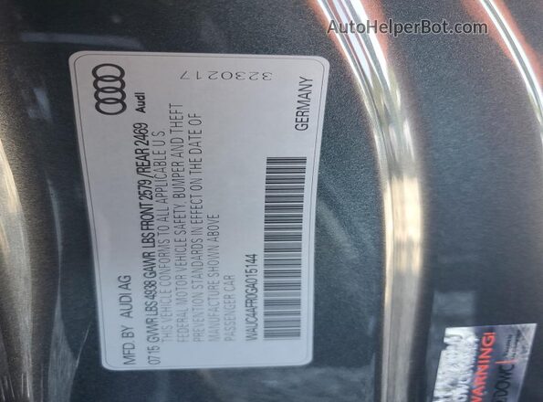 WAUC4AFR0GA015144 2016 AUDI S5 Gray Widok naklejki z numerem VIN