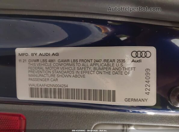 WAUEAAF42NN004254 2022 AUDI OTHER Blue Widok komory silnika