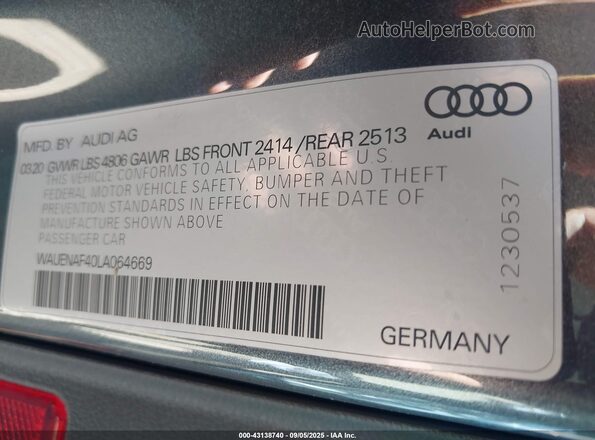 WAUENAF40LA064669 2020 AUDI OTHER Gray Вид підкапотного простору