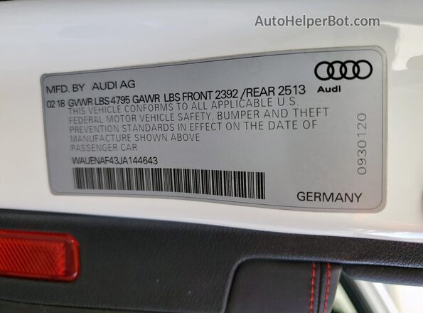 WAUENAF43JA144643 2018 AUDI OTHER Белый 