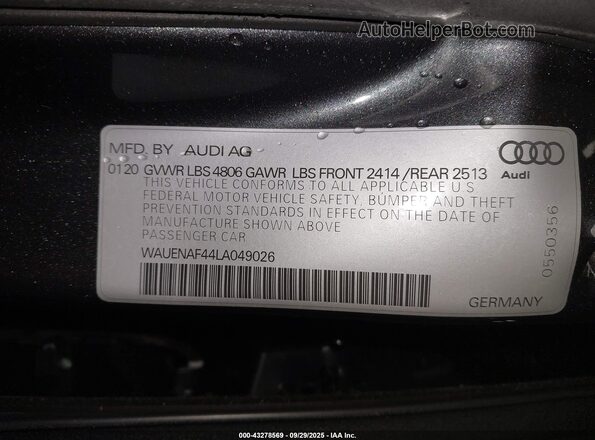 WAUENAF44LA049026 2020 AUDI OTHER Gray Շարժիչի բաժամունքի տեսք