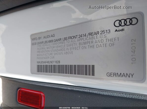 WAUENAF46LN011628 2020 AUDI OTHER White Вид підкапотного простору