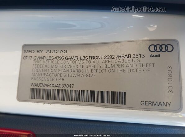 WAUENAF4XJA037847 2018 AUDI OTHER White 