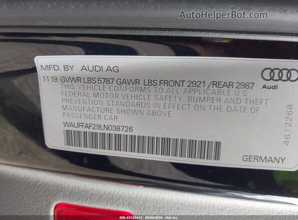 WAUFFAF29LN038726 2020 AUDI S6 Black Vista del compartimento del motor