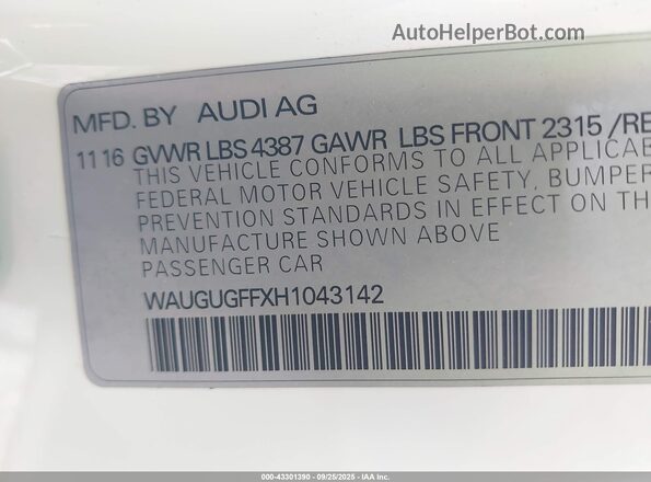 WAUGUGFFXH1043142 2017 AUDI OTHER White 