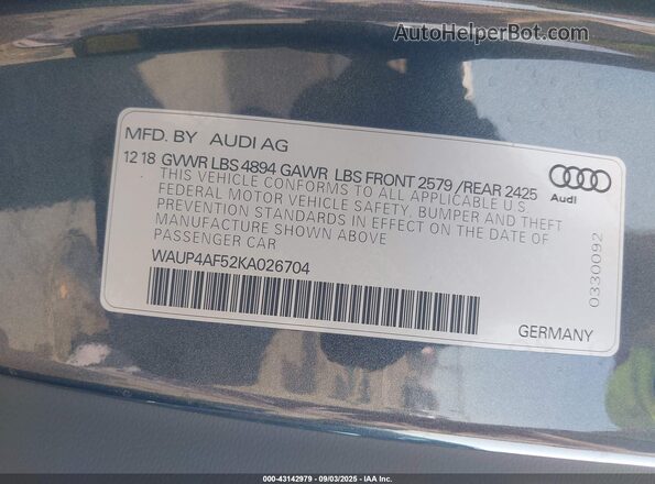 WAUP4AF52KA026704 2019 AUDI S5 Gray Շարժիչի բաժամունքի տեսք