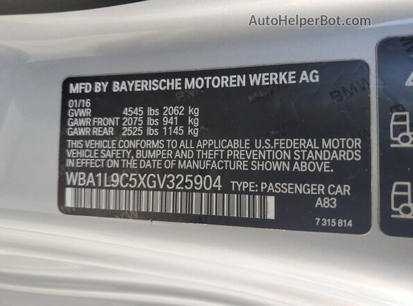 WBA1L9C5XGV325904 2016 BMW 2 SERIES Silver ძრავის განყოფილების ხედი