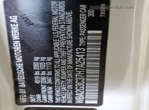WBA2G3C37H7A25413 2017 BMW M2 White VIN կոդի պիտակի տեսք