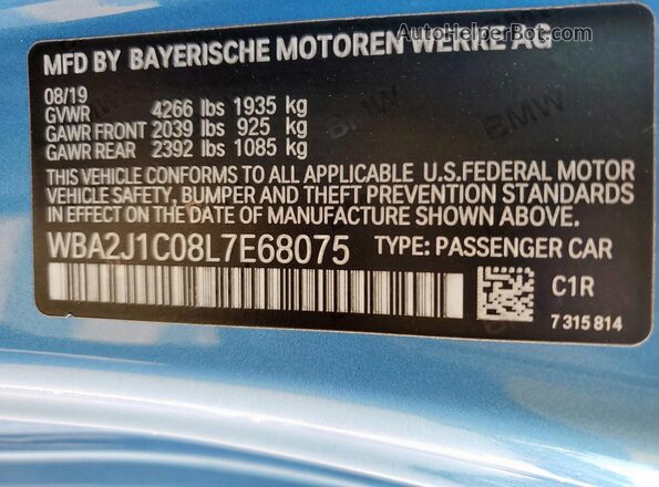 WBA2J1C08L7E68075 2020 BMW 2 SERIES Blue VIN sticker view